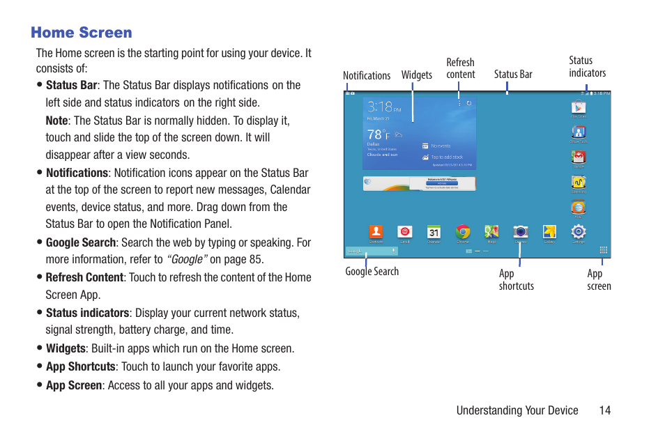 Home screen | Samsung SM-P907AZKAATT User Manual | Page 19 / 166