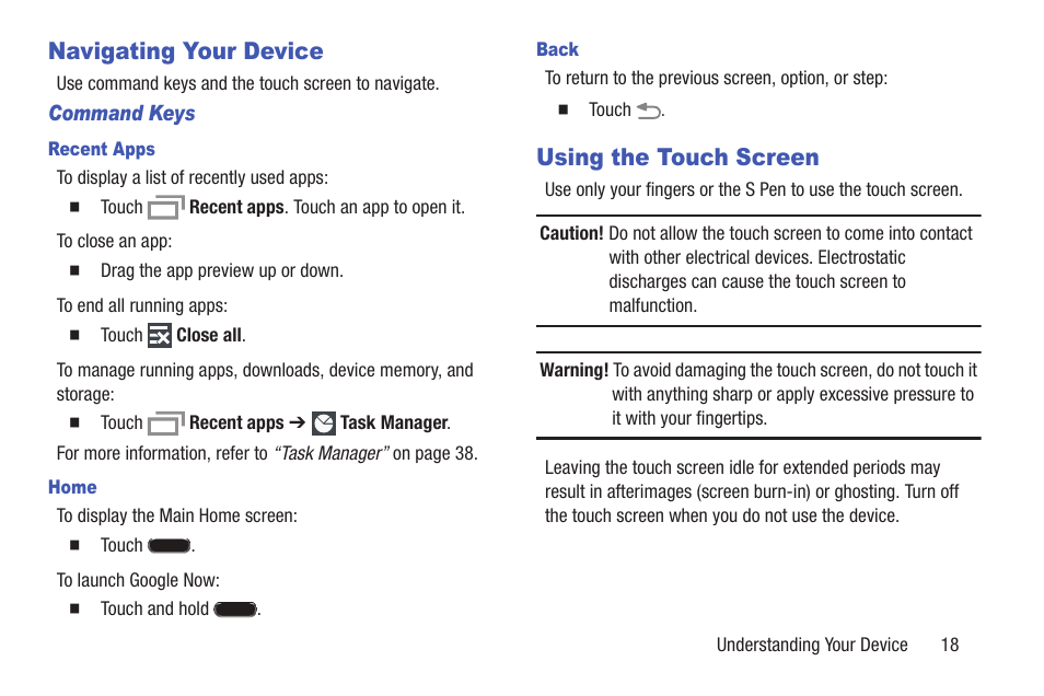 Navigating your device, Using the touch screen, Navigating your device using the touch screen | Samsung SM-P907AZKAATT User Manual | Page 23 / 166