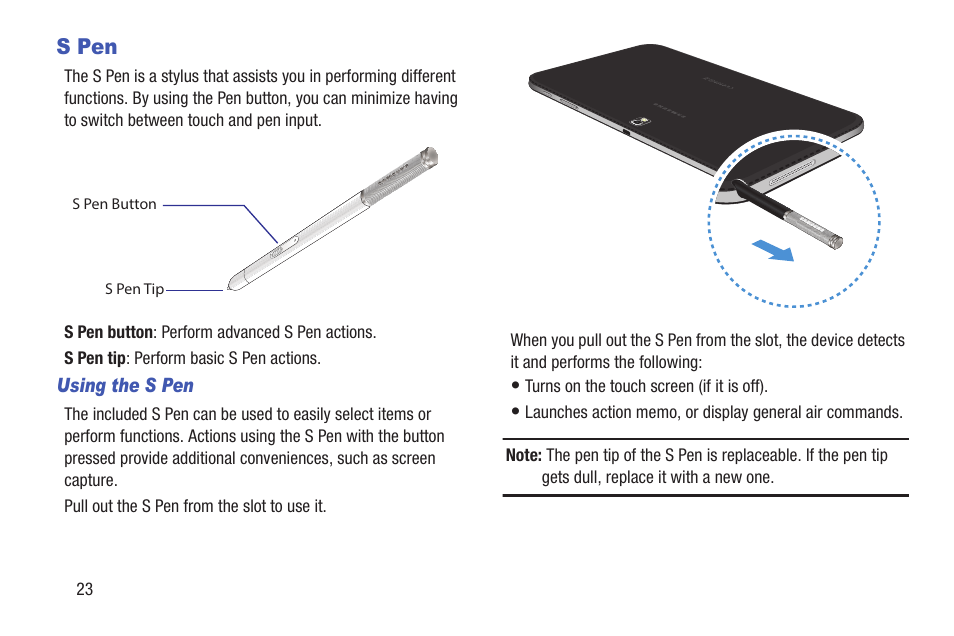 S pen | Samsung SM-P907AZKAATT User Manual | Page 28 / 166
