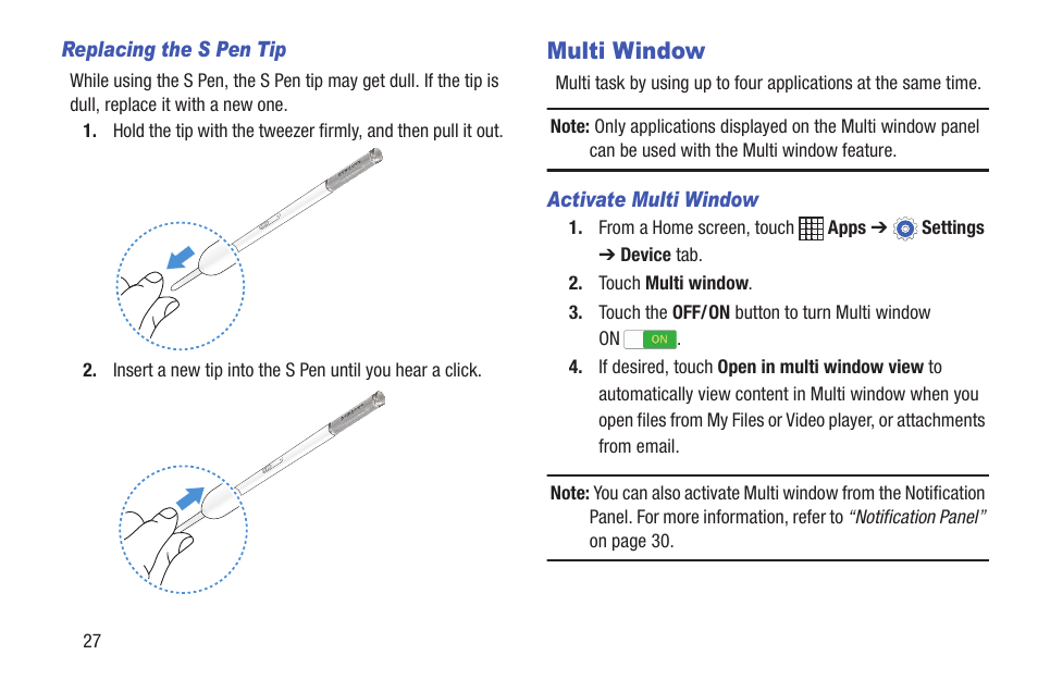 Multi window | Samsung SM-P907AZKAATT User Manual | Page 32 / 166