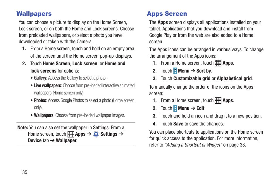 Wallpapers, Apps screen, Wallpapers apps screen | Samsung SM-P907AZKAATT User Manual | Page 40 / 166