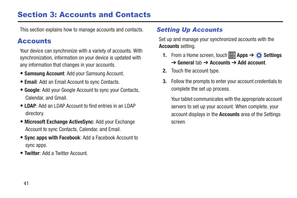 Section 3: accounts and contacts, Accounts | Samsung SM-P907AZKAATT User Manual | Page 46 / 166