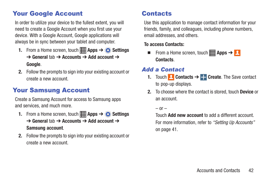 Your google account, Your samsung account, Contacts | Your google account your samsung account contacts | Samsung SM-P907AZKAATT User Manual | Page 47 / 166