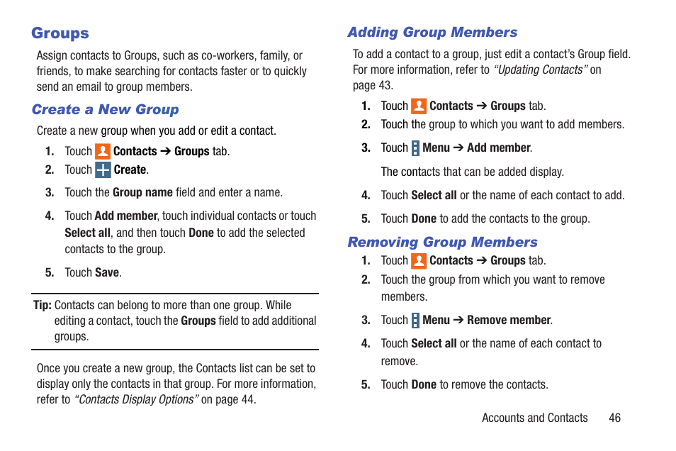 Groups, For more information, refer to | Samsung SM-P907AZKAATT User Manual | Page 51 / 166