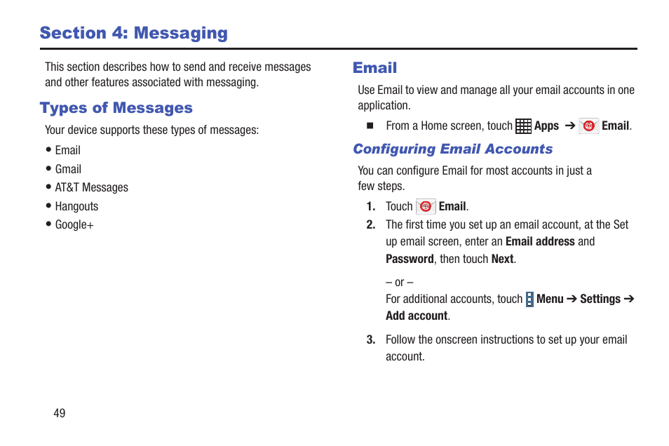 Section 4: messaging, Types of messages, Email | Types of messages email | Samsung SM-P907AZKAATT User Manual | Page 54 / 166