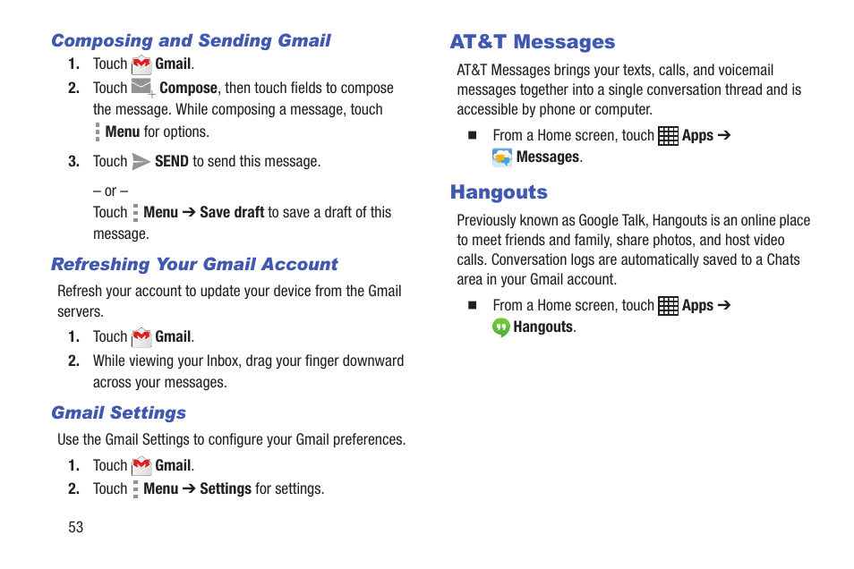 At&t messages, Hangouts, At&t messages hangouts | Samsung SM-P907AZKAATT User Manual | Page 58 / 166