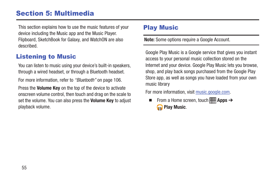 Section 5: multimedia, Listening to music, Play music | Listening to music play music | Samsung SM-P907AZKAATT User Manual | Page 60 / 166