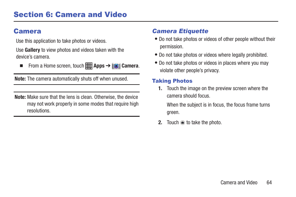 Section 6: camera and video, Camera | Samsung SM-P907AZKAATT User Manual | Page 69 / 166