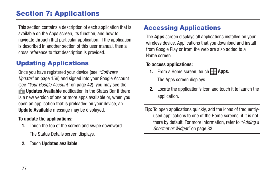 Section 7: applications, Updating applications, Accessing applications | Updating applications accessing applications | Samsung SM-P907AZKAATT User Manual | Page 82 / 166