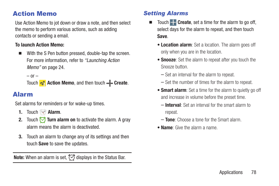 Action memo, Alarm, Action memo alarm | Samsung SM-P907AZKAATT User Manual | Page 83 / 166