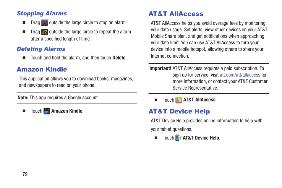 Amazon kindle, At&t allaccess, At&t device help | Amazon kindle at&t allaccess at&t device help | Samsung SM-P907AZKAATT User Manual | Page 84 / 166