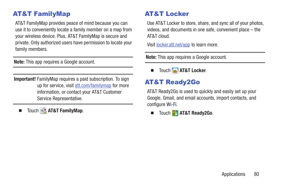 At&t familymap, At&t locker, At&t ready2go | At&t familymap at&t locker at&t ready2go | Samsung SM-P907AZKAATT User Manual | Page 85 / 166