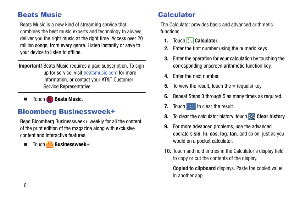 Beats music, Bloomberg businessweek, Calculator | Bloomberg businessweek+ calculator | Samsung SM-P907AZKAATT User Manual | Page 86 / 166