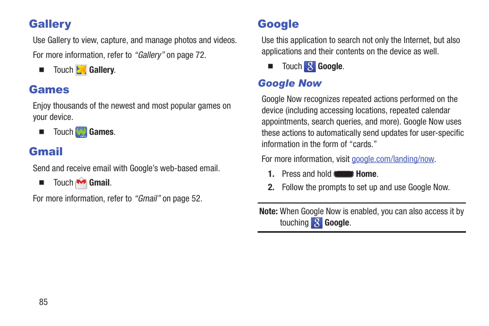 Gallery, Games, Gmail | Google, Gallery games gmail google | Samsung SM-P907AZKAATT User Manual | Page 90 / 166