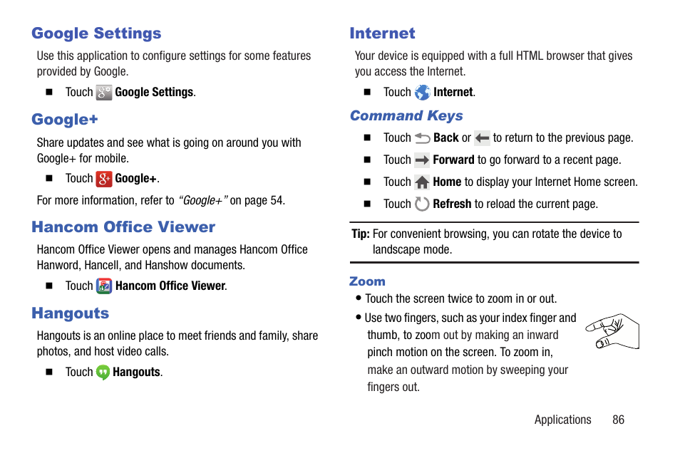 Google settings, Google, Hancom office viewer | Hangouts, Internet | Samsung SM-P907AZKAATT User Manual | Page 91 / 166