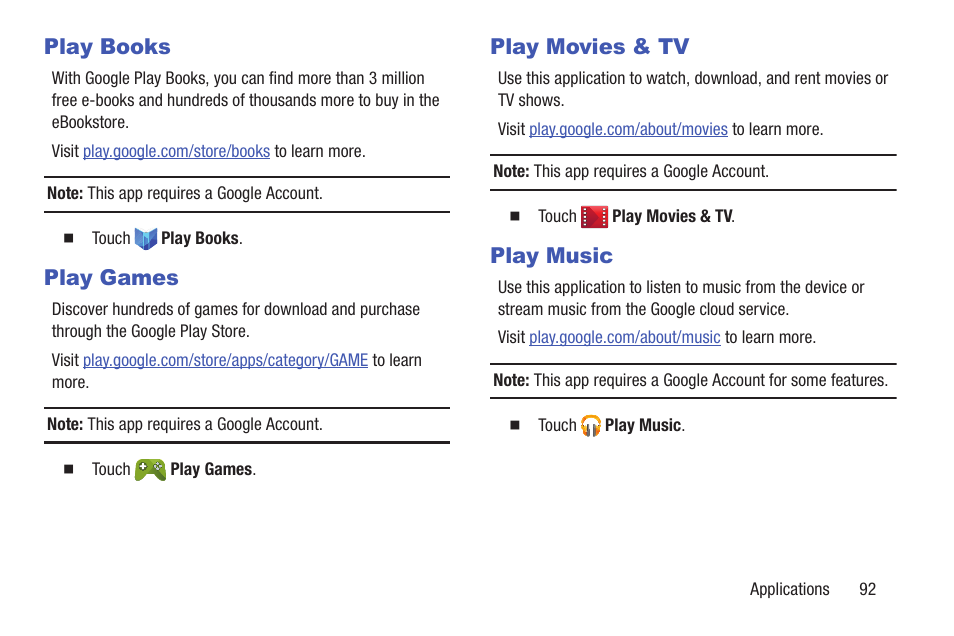 Play books, Play games, Play movies & tv | Play music, Play books play games play movies & tv play music | Samsung SM-P907AZKAATT User Manual | Page 97 / 166