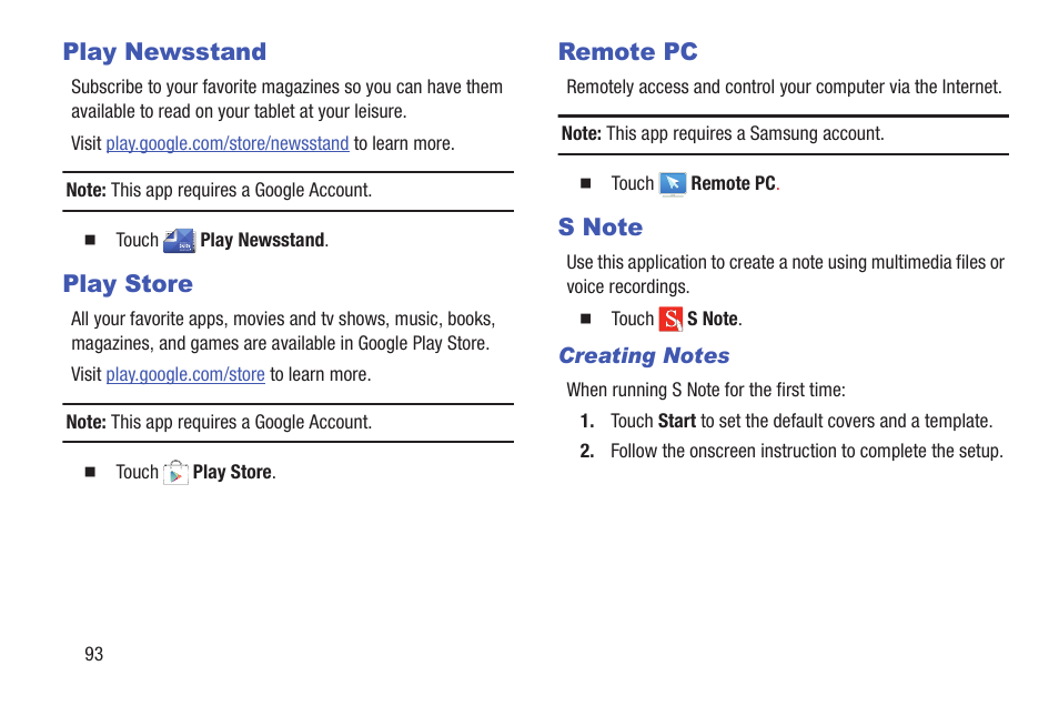 Play newsstand, Play store, Remote pc | S note, Play newsstand play store remote pc s note | Samsung SM-P907AZKAATT User Manual | Page 98 / 166