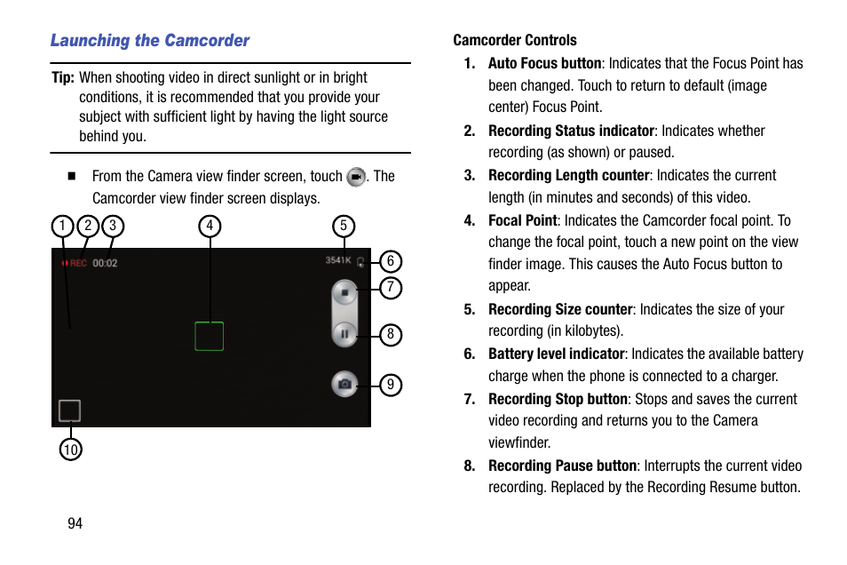 Launching the camcorder | Samsung SCH-R970ZKAUSC User Manual | Page 100 / 230