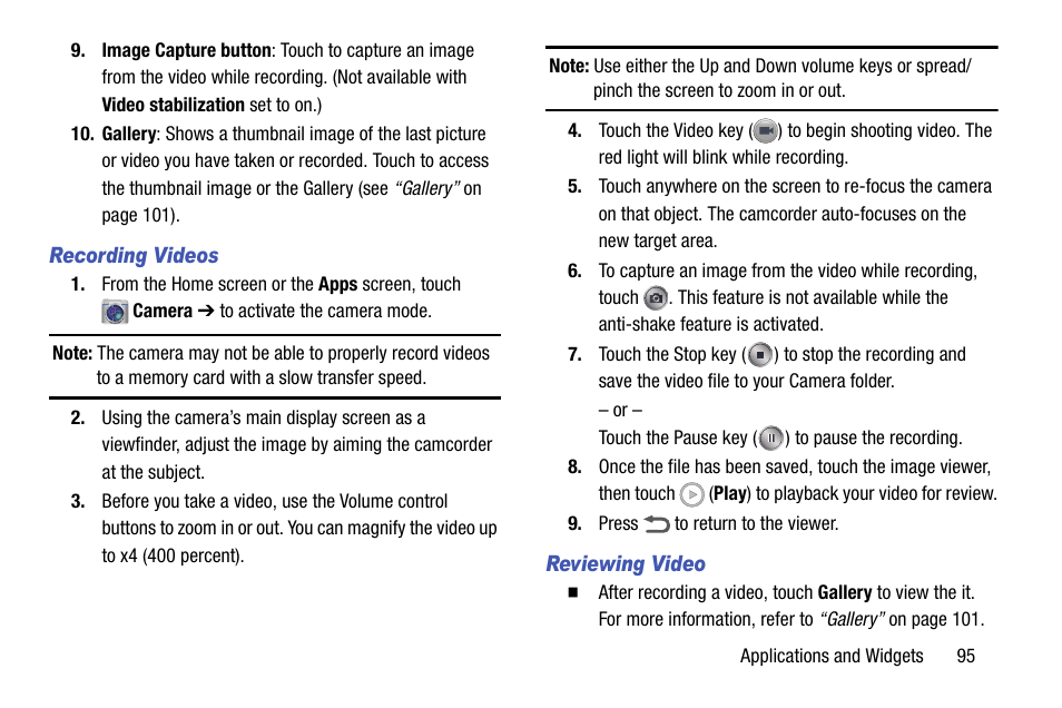 Recording videos, Reviewing video | Samsung SCH-R970ZKAUSC User Manual | Page 101 / 230