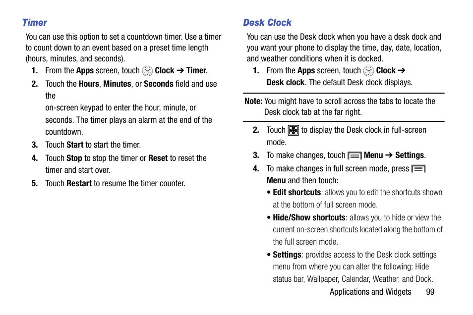 Timer, Desk clock | Samsung SCH-R970ZKAUSC User Manual | Page 105 / 230