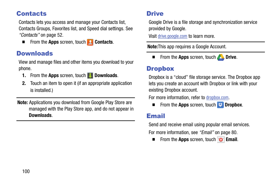Contacts, Downloads, Drive | Dropbox, Email, Contacts downloads drive dropbox email | Samsung SCH-R970ZKAUSC User Manual | Page 106 / 230