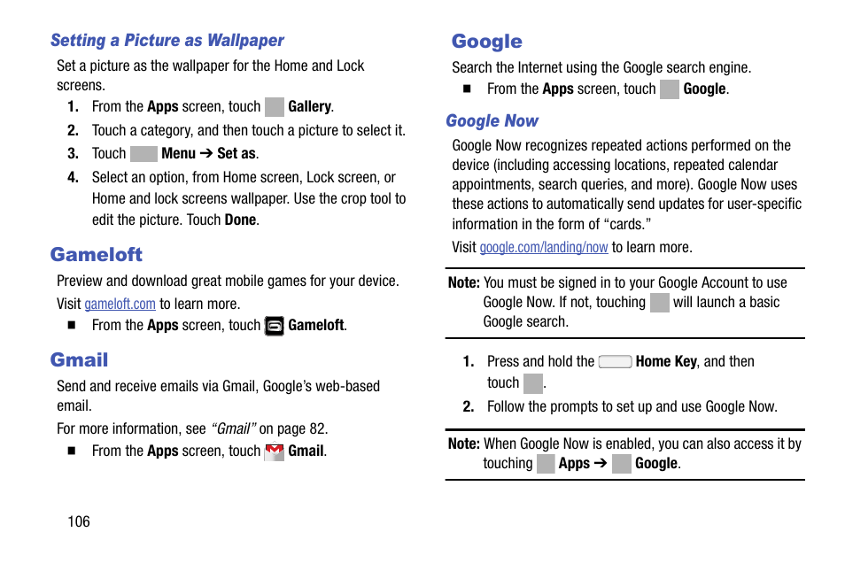 Setting a picture as wallpaper, Gameloft, Gmail | Google, Google now, Gameloft gmail google | Samsung SCH-R970ZKAUSC User Manual | Page 112 / 230