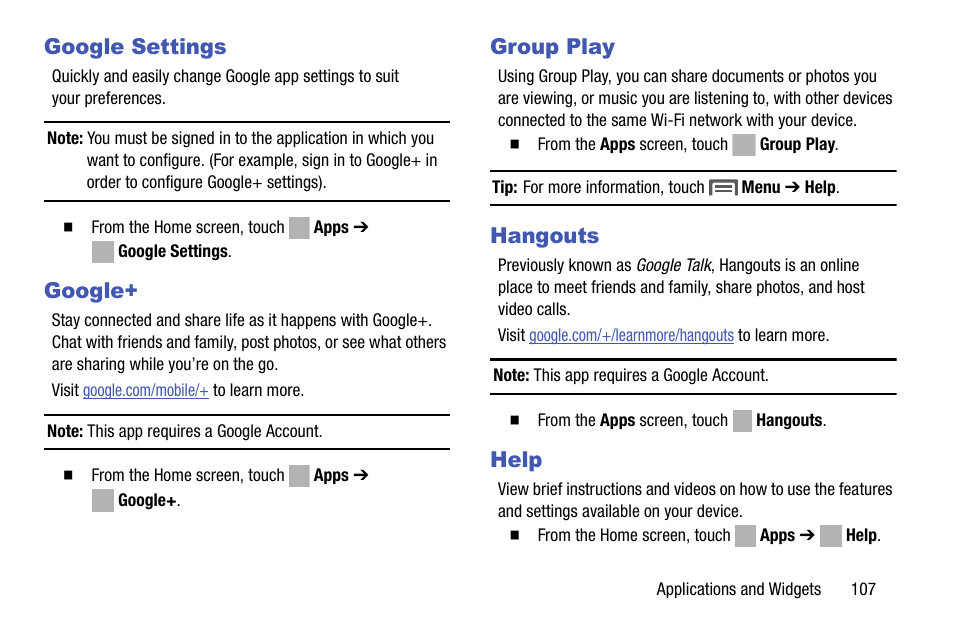 Google settings, Google, Group play | Hangouts, Help, Google settings google+ group play hangouts help | Samsung SCH-R970ZKAUSC User Manual | Page 113 / 230