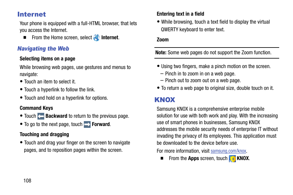 Internet, Navigating the web, Knox | Internet knox | Samsung SCH-R970ZKAUSC User Manual | Page 114 / 230