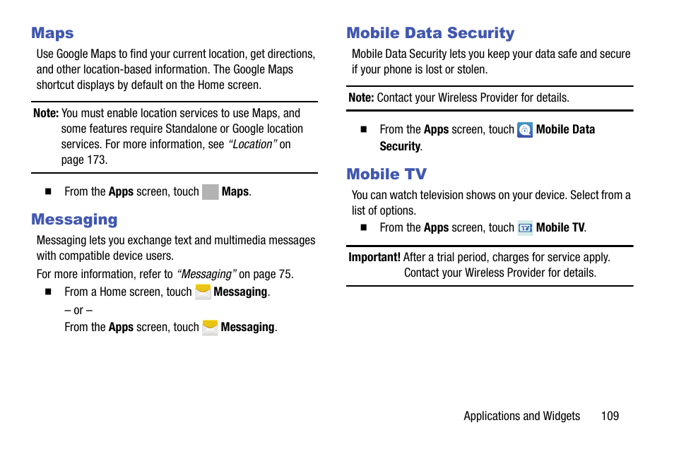 Maps, Messaging, Mobile data security | Mobile tv, Maps messaging mobile data security mobile tv | Samsung SCH-R970ZKAUSC User Manual | Page 115 / 230