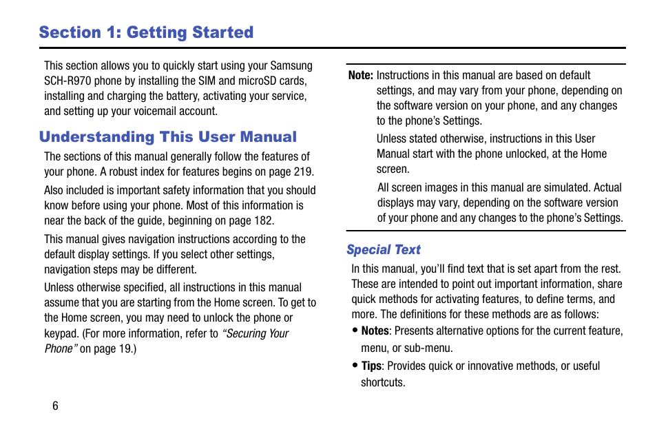 Section 1: getting started, Understanding this user manual, Special text | Samsung SCH-R970ZKAUSC User Manual | Page 12 / 230