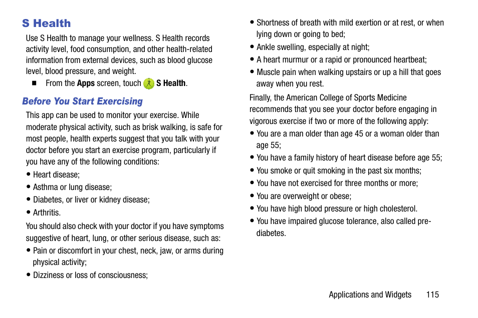 S health, Before you start exercising | Samsung SCH-R970ZKAUSC User Manual | Page 121 / 230