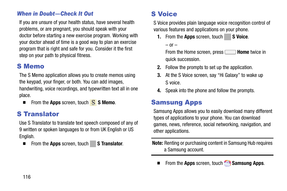 When in doubt — check it out, S memo, S translator | S voice, Samsung apps, S memo s translator s voice samsung apps, For more information, refer to | Samsung SCH-R970ZKAUSC User Manual | Page 122 / 230