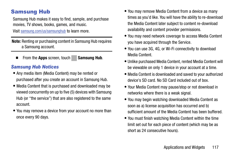 Samsung hub, Samsung hub notices | Samsung SCH-R970ZKAUSC User Manual | Page 123 / 230