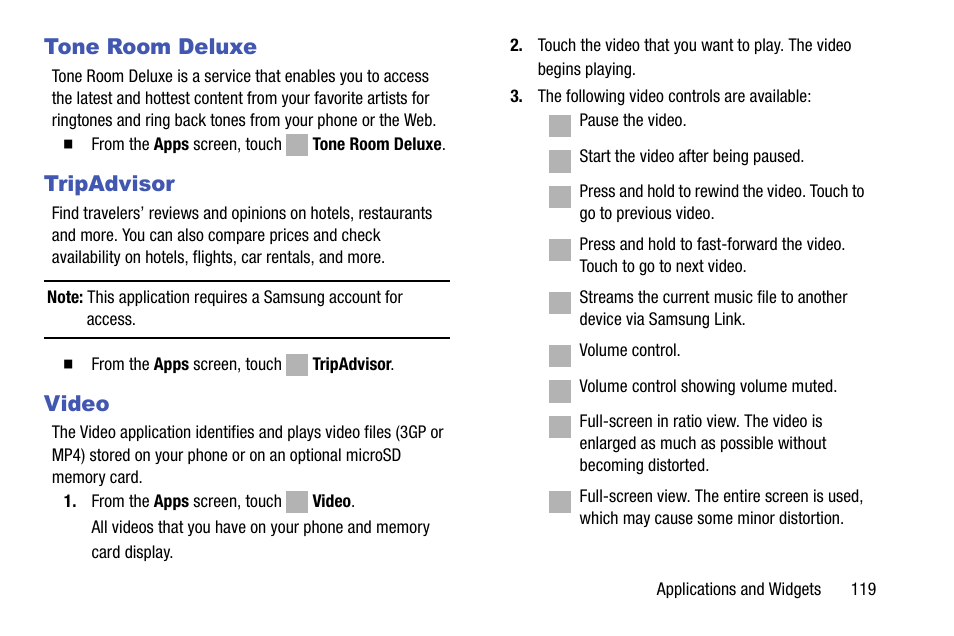 Tone room deluxe, Tripadvisor, Video | Tripadvisor video | Samsung SCH-R970ZKAUSC User Manual | Page 125 / 230