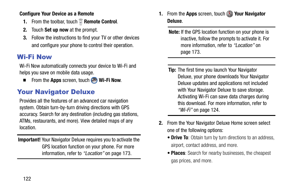 Wi-fi now, Your navigator deluxe, Wi-fi now your navigator deluxe | Samsung SCH-R970ZKAUSC User Manual | Page 128 / 230