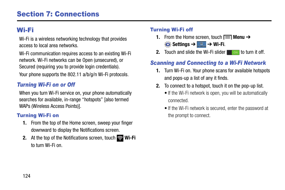 Section 7: connections, Wi-fi, Turning wi-fi on or off | Turning wi-fi on, Turning wi-fi off, Scanning and connecting to a wi-fi network | Samsung SCH-R970ZKAUSC User Manual | Page 130 / 230