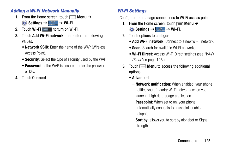 Adding a wi-fi network manually, Wi-fi settings | Samsung SCH-R970ZKAUSC User Manual | Page 131 / 230