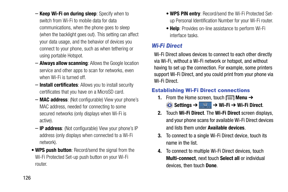 Wi-fi direct, Establishing wi-fi direct connections | Samsung SCH-R970ZKAUSC User Manual | Page 132 / 230