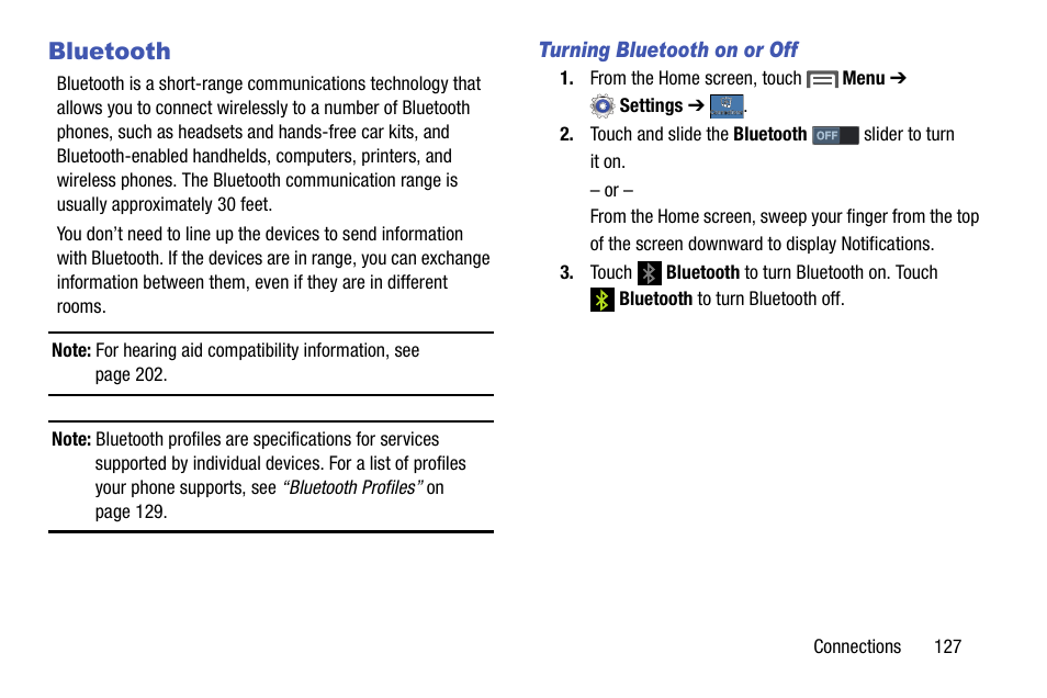 Bluetooth, Turning bluetooth on or off, Uetooth. (see “bluetooth” on | Samsung SCH-R970ZKAUSC User Manual | Page 133 / 230