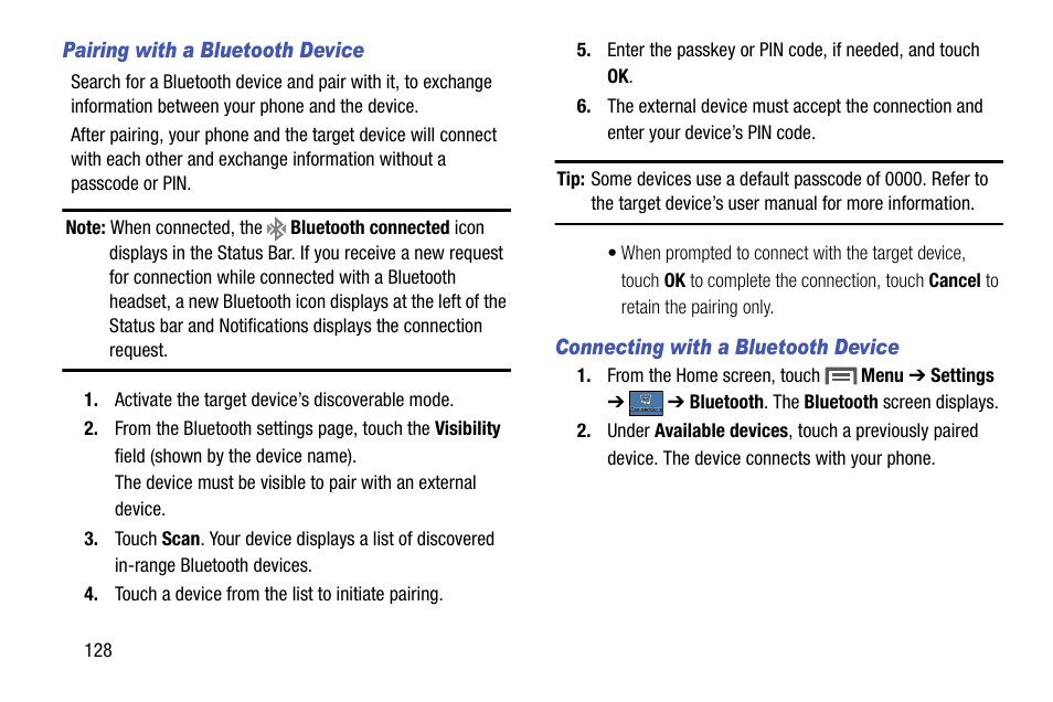 Pairing with a bluetooth device, Connecting with a bluetooth device | Samsung SCH-R970ZKAUSC User Manual | Page 134 / 230