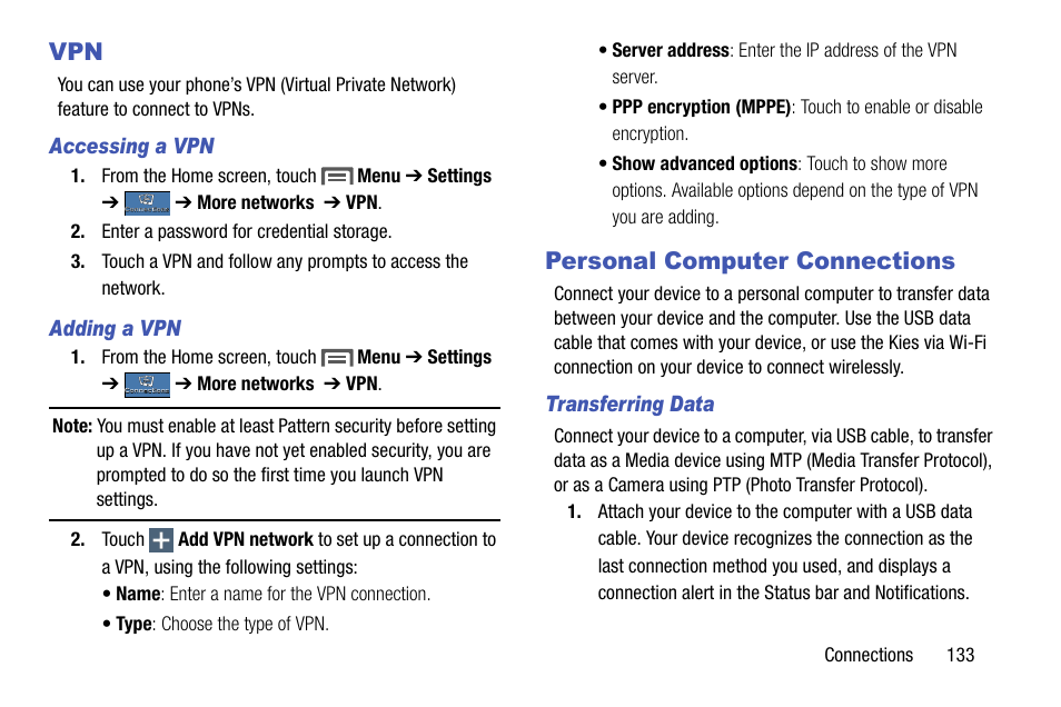 Accessing a vpn, Adding a vpn, Personal computer connections | Transferring data, Vpn personal computer connections | Samsung SCH-R970ZKAUSC User Manual | Page 139 / 230