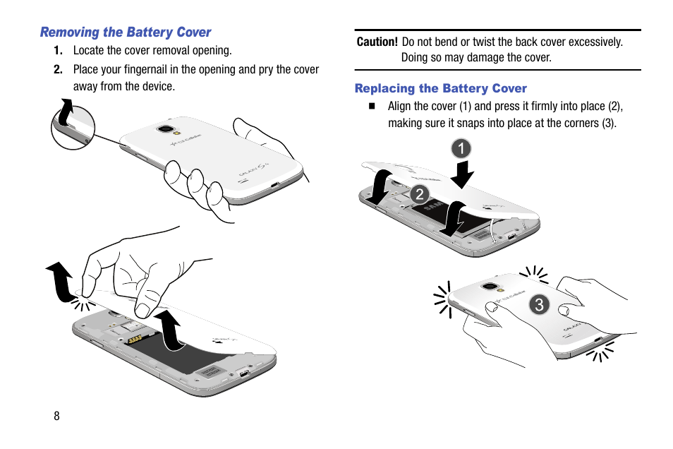Removing the battery cover, Replacing the battery cover | Samsung SCH-R970ZKAUSC User Manual | Page 14 / 230