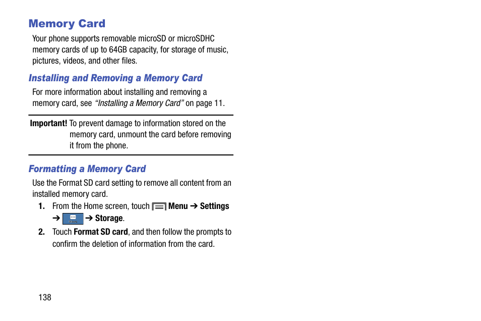 Memory card, Installing and removing a memory card, Formatting a memory card | Samsung SCH-R970ZKAUSC User Manual | Page 144 / 230