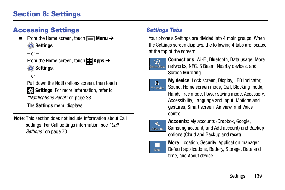 Section 8: settings, Accessing settings, Settings tabs | Samsung SCH-R970ZKAUSC User Manual | Page 145 / 230