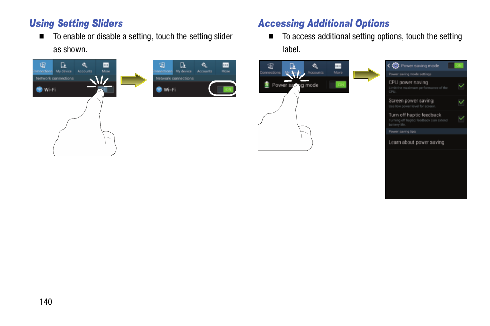 Using setting sliders, Accessing additional options | Samsung SCH-R970ZKAUSC User Manual | Page 146 / 230