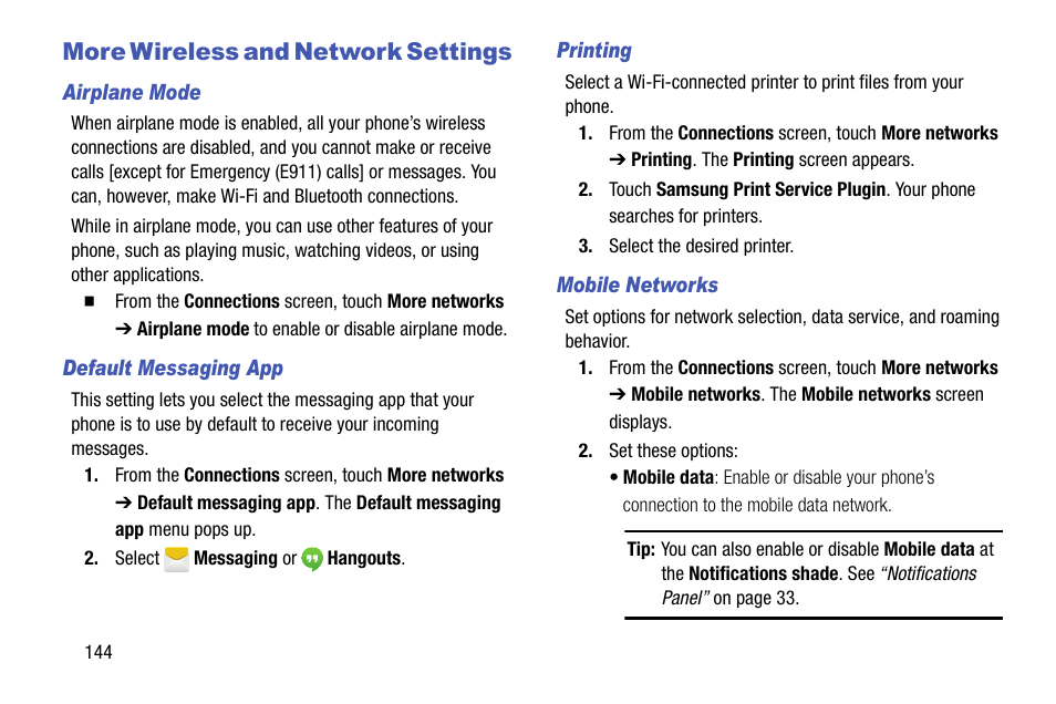 More wireless and network settings, Airplane mode, Default messaging app | Printing, Mobile networks, For more, Ta. (see “mobile | Samsung SCH-R970ZKAUSC User Manual | Page 150 / 230