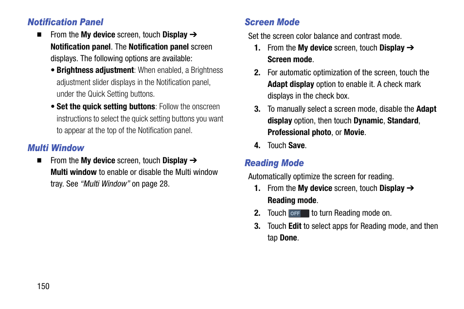 Notification panel, Multi window, Screen mode | Reading mode | Samsung SCH-R970ZKAUSC User Manual | Page 156 / 230