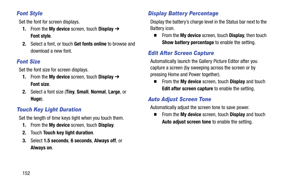 Font style, Font size, Touch key light duration | Display battery percentage, Edit after screen capture, Auto adjust screen tone | Samsung SCH-R970ZKAUSC User Manual | Page 158 / 230