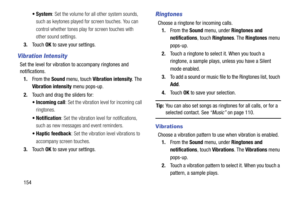 Vibration intensity, Ringtones, Vibrations | Samsung SCH-R970ZKAUSC User Manual | Page 160 / 230