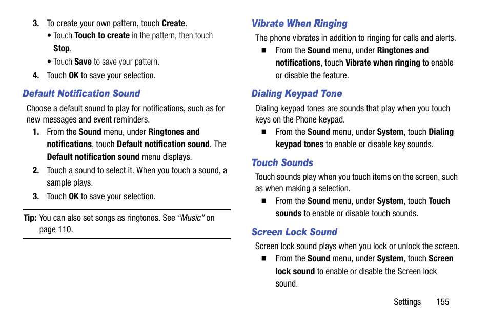 Default notification sound, Vibrate when ringing, Dialing keypad tone | Touch sounds, Screen lock sound | Samsung SCH-R970ZKAUSC User Manual | Page 161 / 230